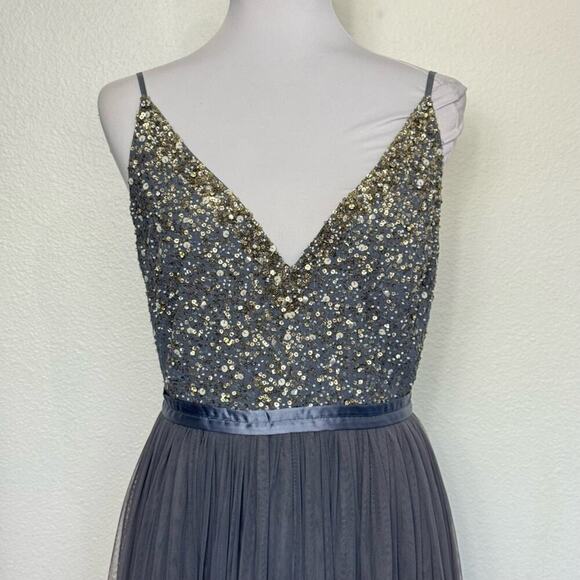 BHLDN Dress Formal Black Tie Gown Slate Blue Gray‎ Beaded Tulle Size 8 - Picture 4 of 11